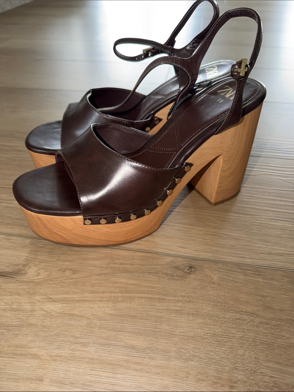 Zara Chocolate Brown Leather Platform Sandals with Wooden Block Heel 39 US 8 NWT - Picture 2 of 6